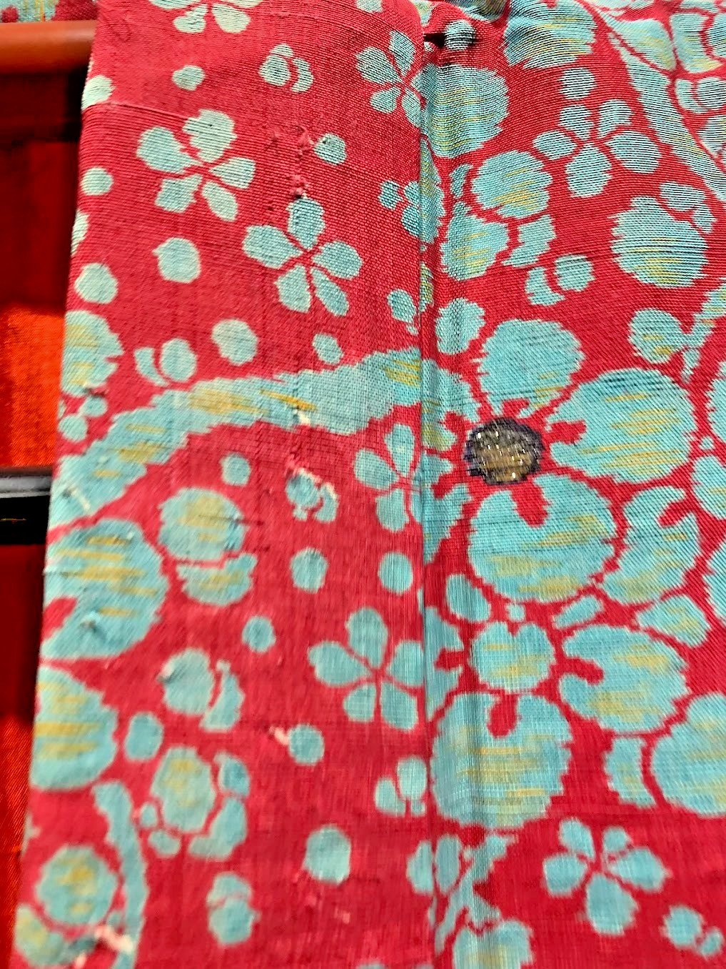 Silk Tsumugi Kimono Red XS 51in Plum Fabric Remake Material Japanese Vintage Art