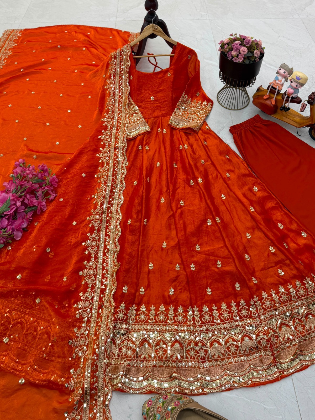 Orange Fendy Silk Embroidered Ready Made Anarkali Salwar Kameez Party Wear S