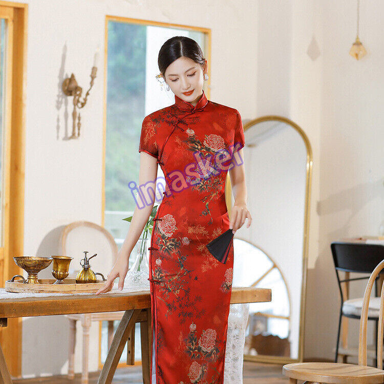 Chinese Traditional Qipao Dress Women Summer Silk Cheongsam Festival Party Gowns