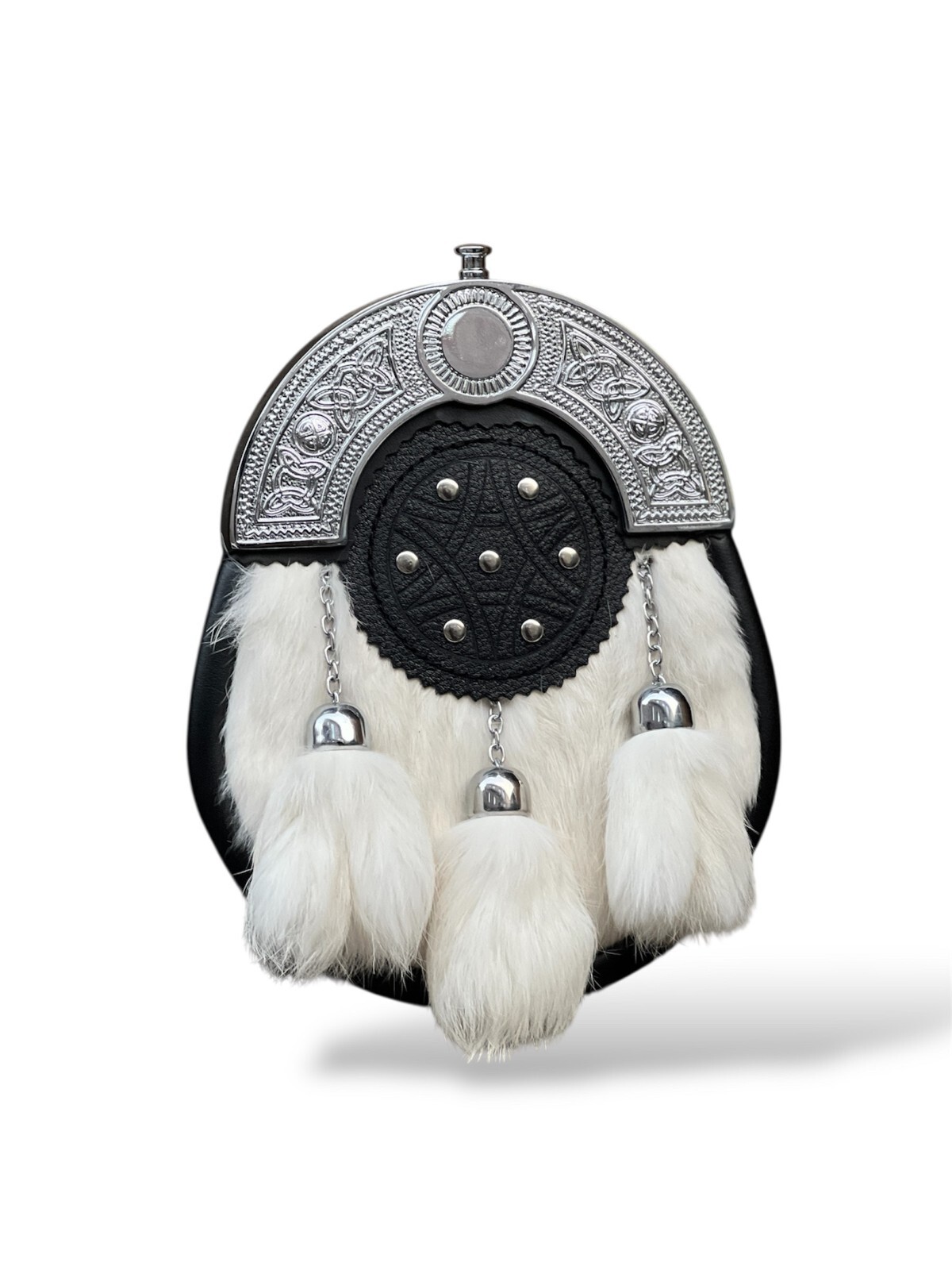 Men’s Scottish Chrome White Fur Sporran 3 Tassels Kilt Sporran With Chain Belt