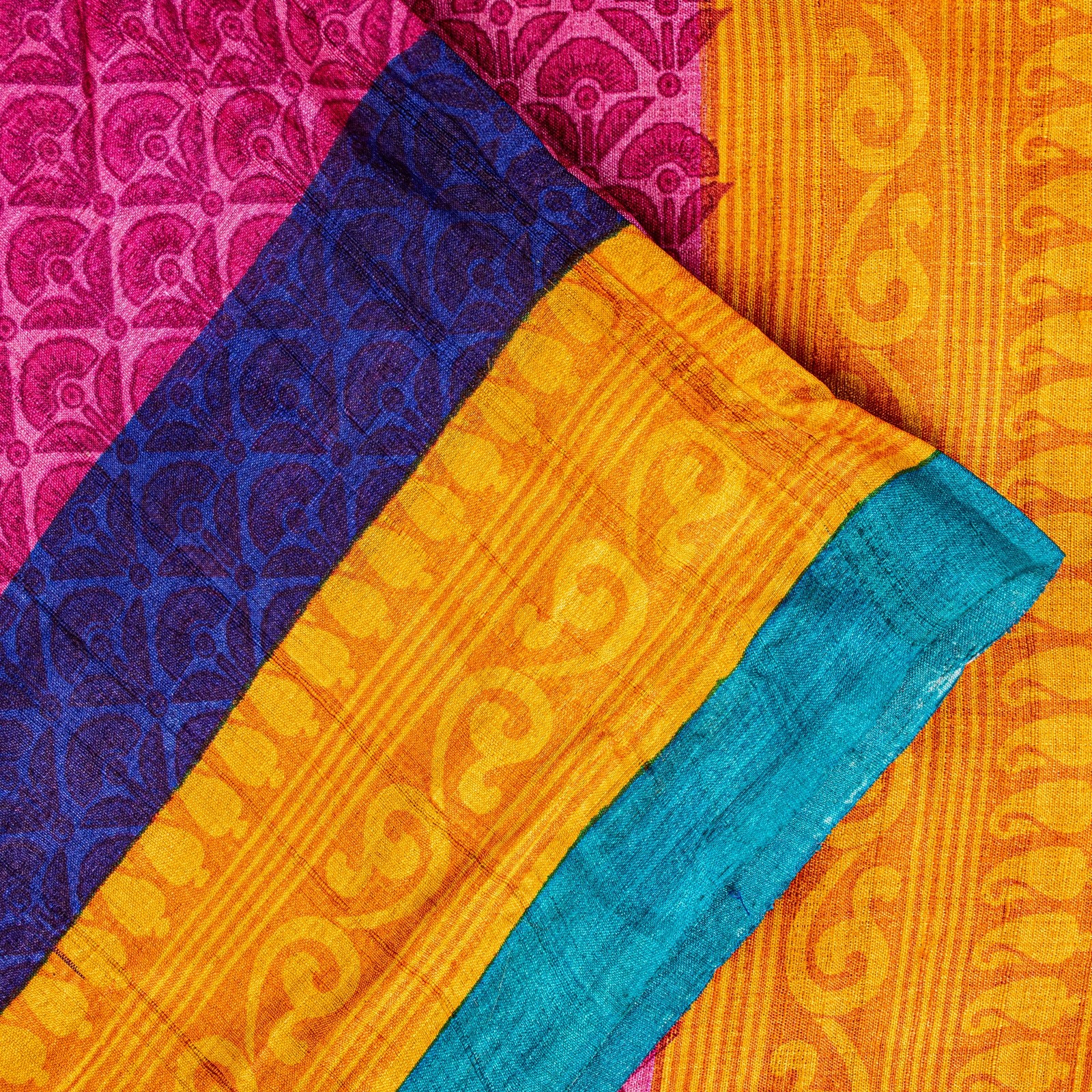 Sanskriti Vintage Pink-Yellow Pure Bamboo Silk Saree Handblock Print 5.97 Fabric
