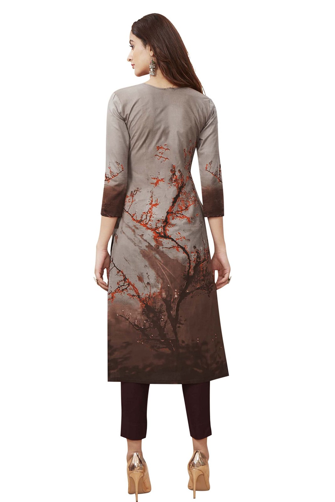 Miraan Cotton Printed Salwar Suit for Women Brown Readymade Medium Size