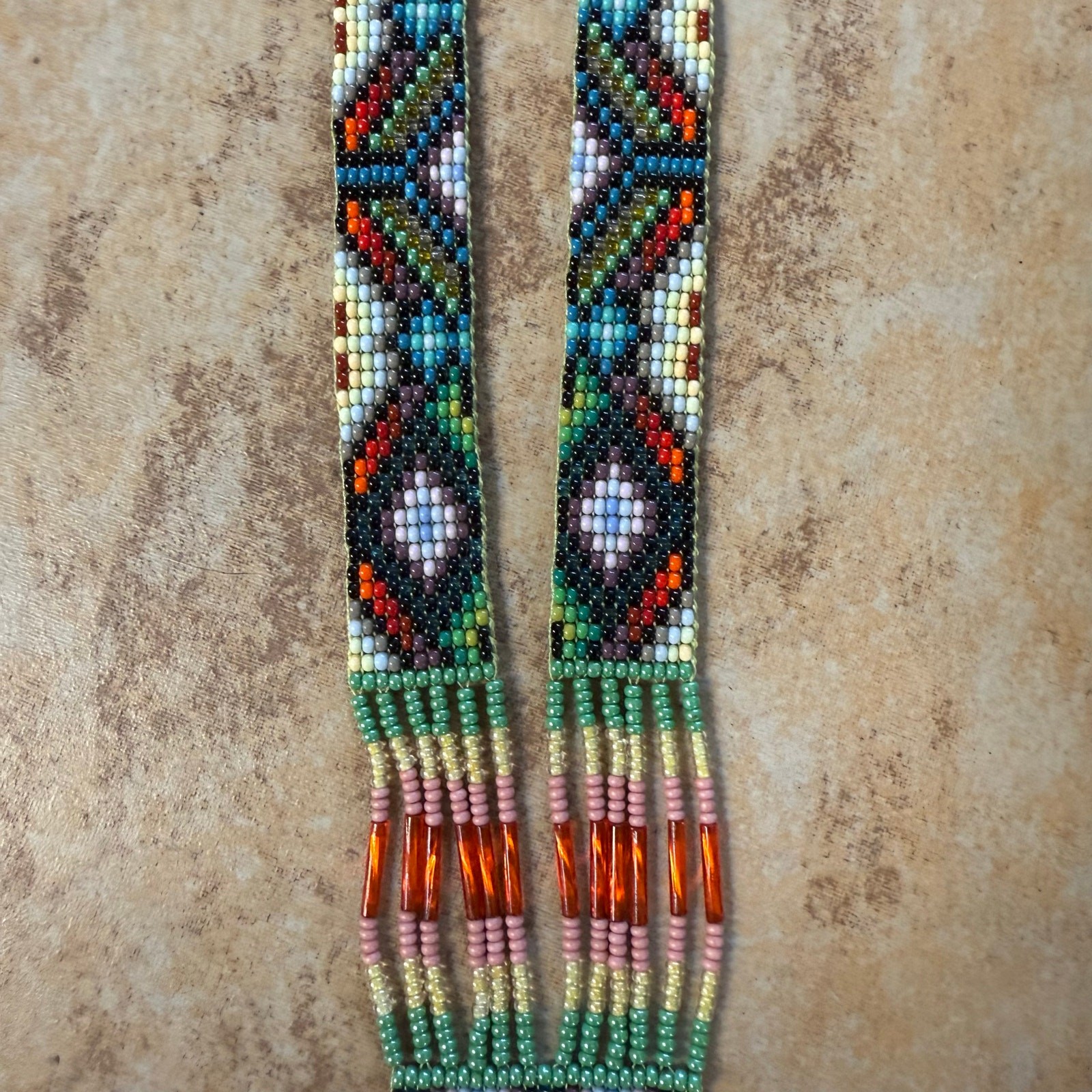 Native American Seed Beaded Necklace Handmade Multicolor Fringe Boho Unisex