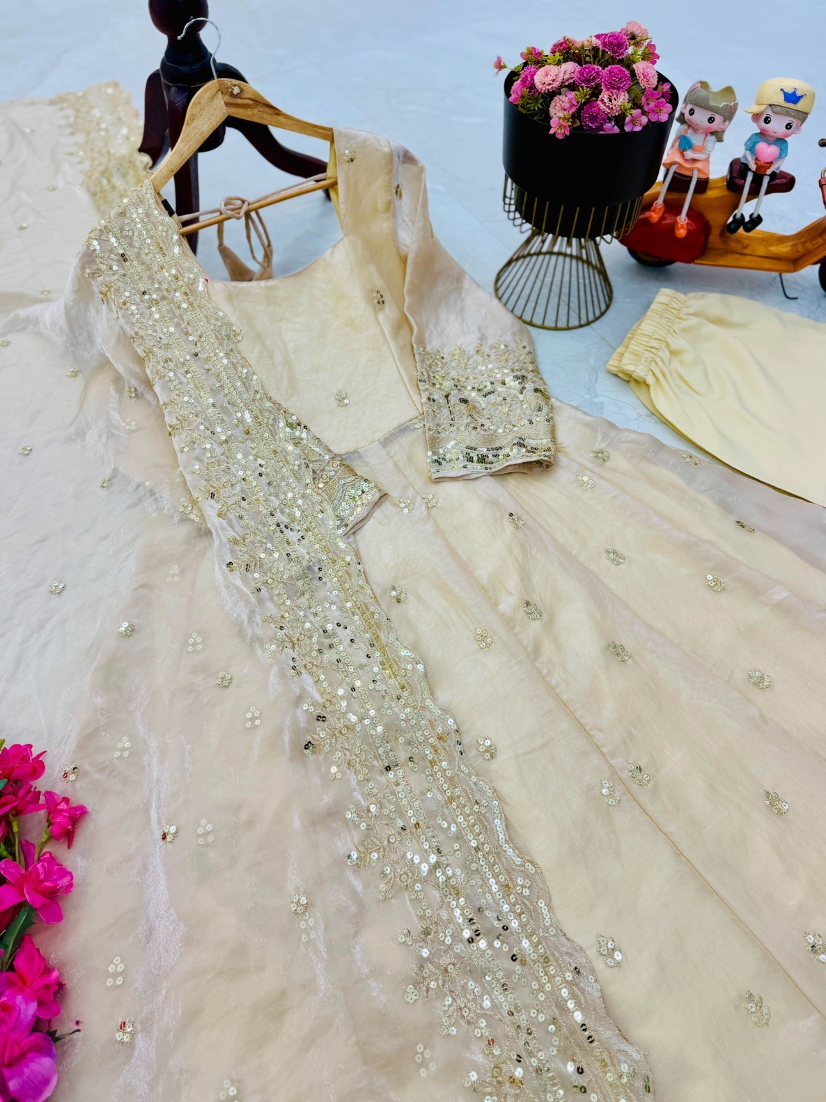Cream Fendy Silk Embroidered Ready Made Anarkali Suit Festive Ethnic Wear Set L