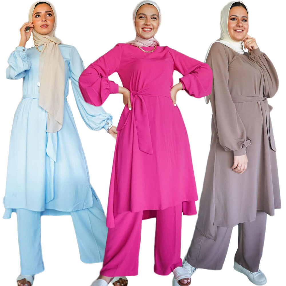 Muslim Women Abaya Set Two Piece Long Blouse Pants Kaftan Jilbab Islamic Clothes