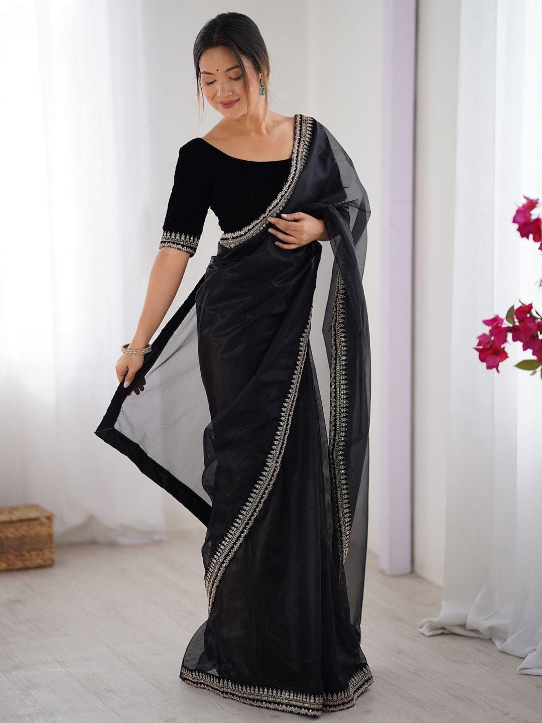 Designer Fancy Latest Stylish Twill Net Black Color Codding Sequence Border Sari