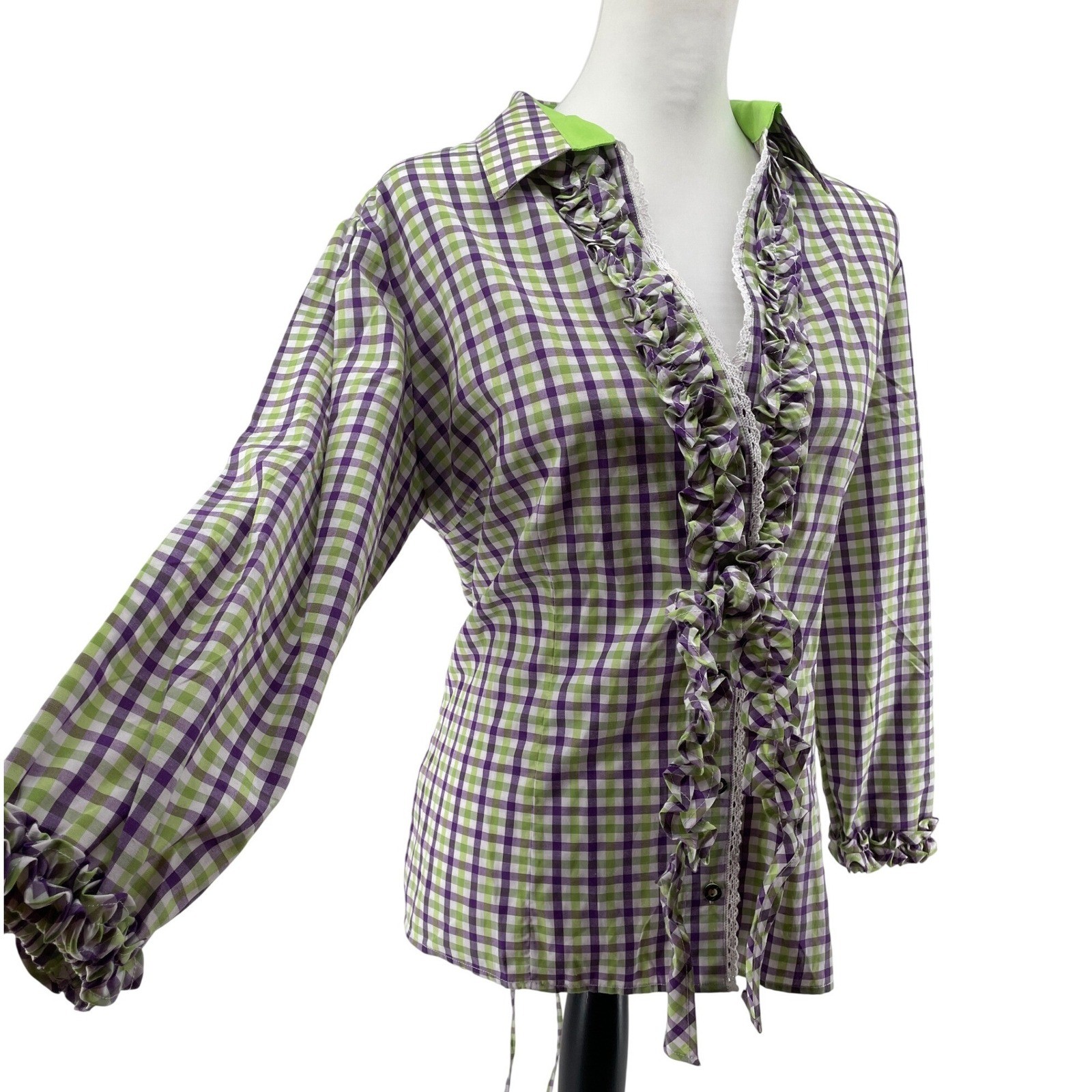 Fuchs German Blouse Womens XXL Gingham Ruffle Corset Back Octoberfest Folk NEW