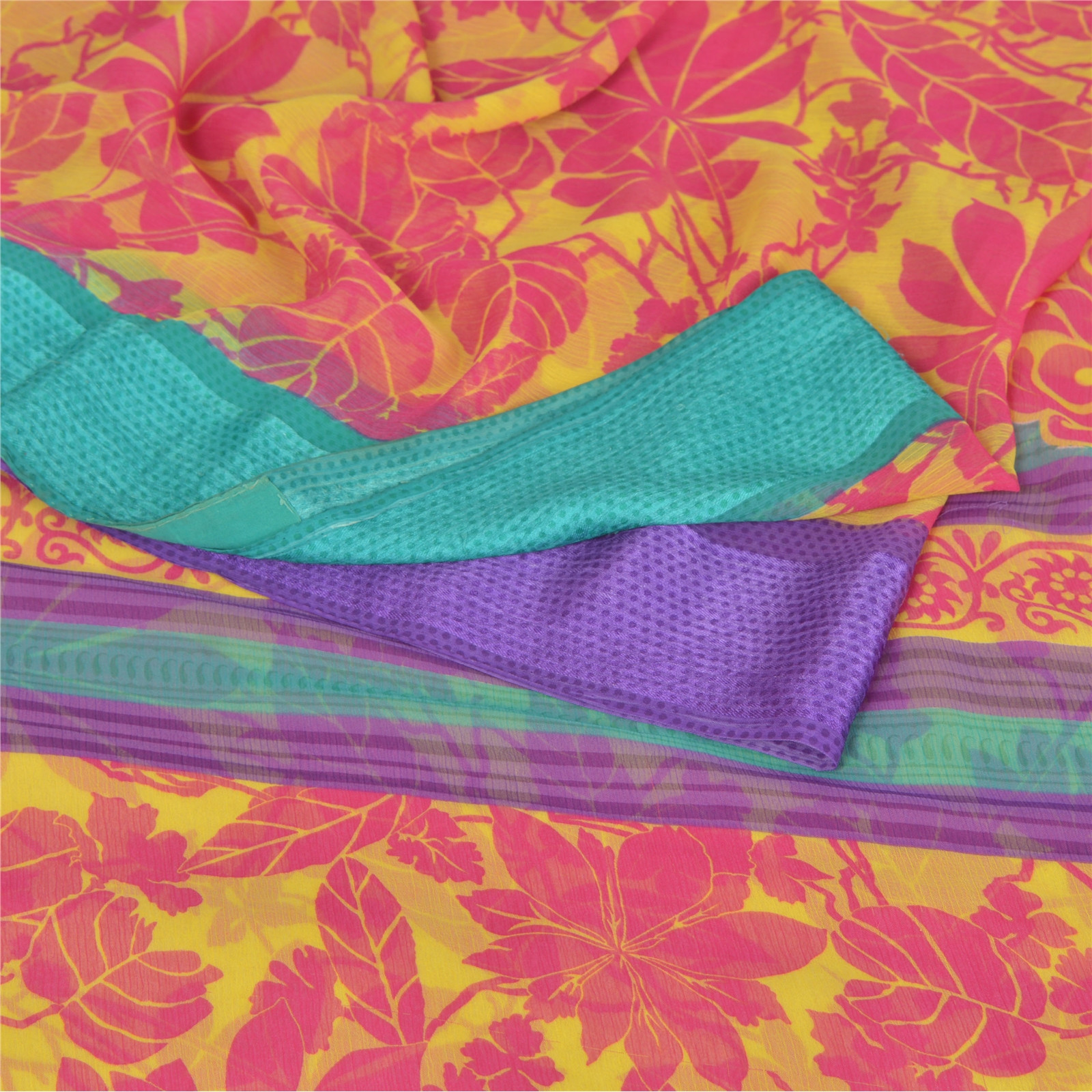 Sanskriti Vintage Indian Sari Yellow Printed Georgette Sarees Craft 5 Yd Fabric