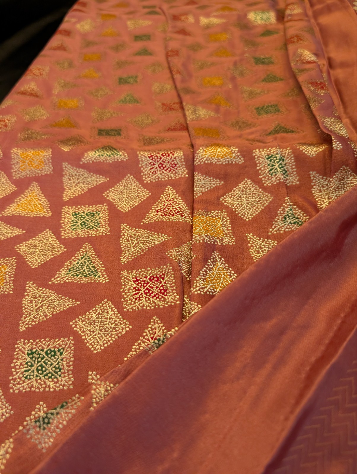Pink Designer Saree with Multicolor Shapes & Gold Ari Work