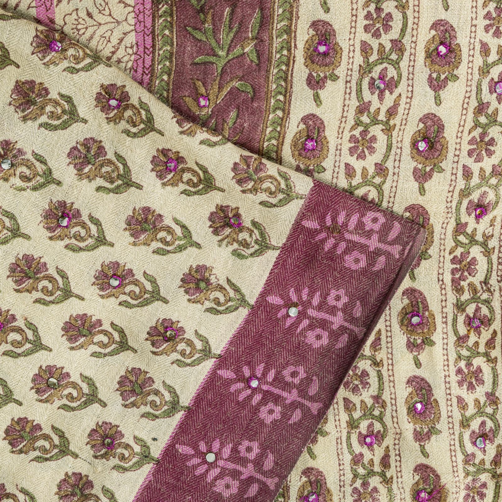 Sanskriti Vintage Saree Cream Pure Woolen Sanganeri Hand Block Print Sari 5.5+Yd
