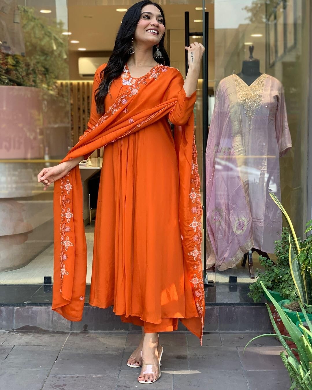 Women’s Rayon Blend Anarkali Thread Work Kurta with Pant & Dupatta