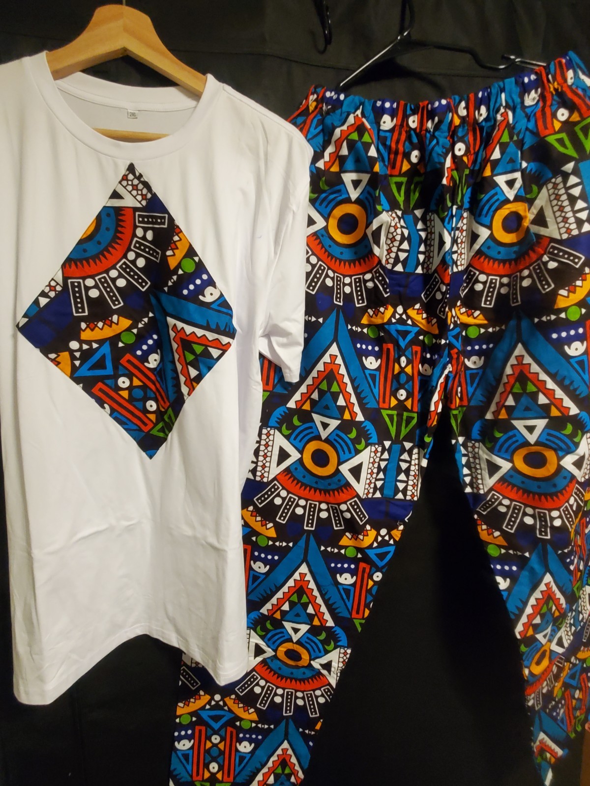 2-Piece African Dashiki Print Lounge Set White Asymmetric – Blue XXL (Fits XL)
