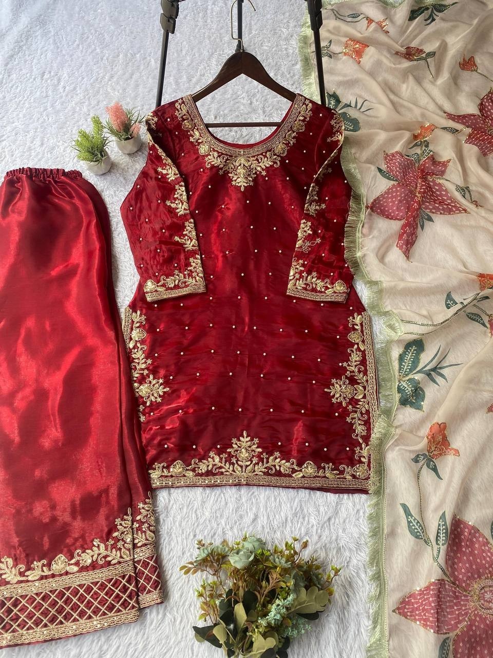 New Designer Heavy Silk Red Top Palazzo With Dupatta For Wedding Wear