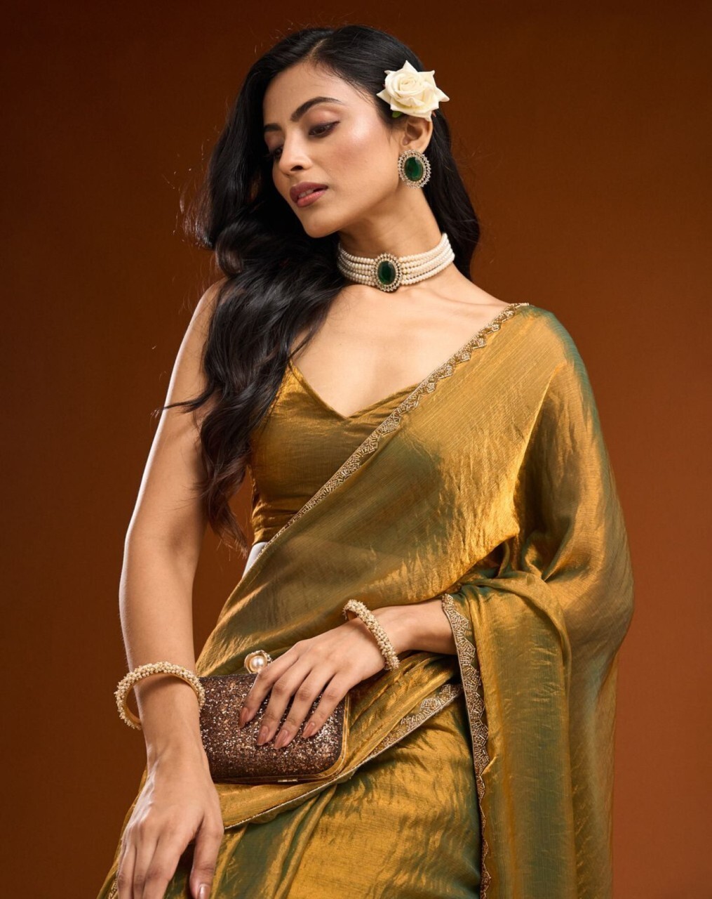Embellished Bollywood Organza, Silk Blend Saree (Mustard)