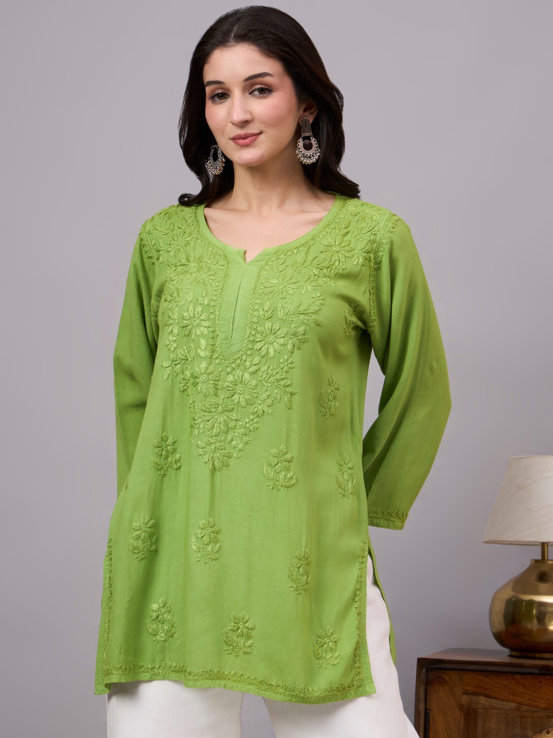 Women’s Rayon Chikankari Short Kurta Green, Lucknowi Chikankari, Handwork
