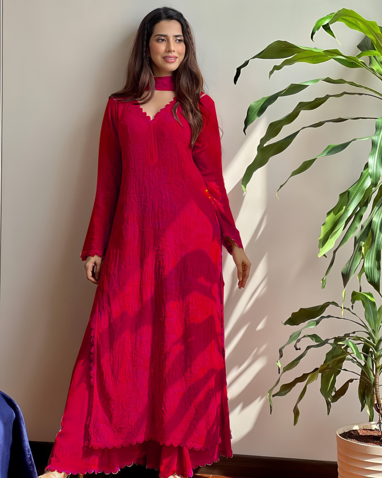 Georgette Embroidered Chikankari V Neck Kurta with Palazzo and Dupatta
