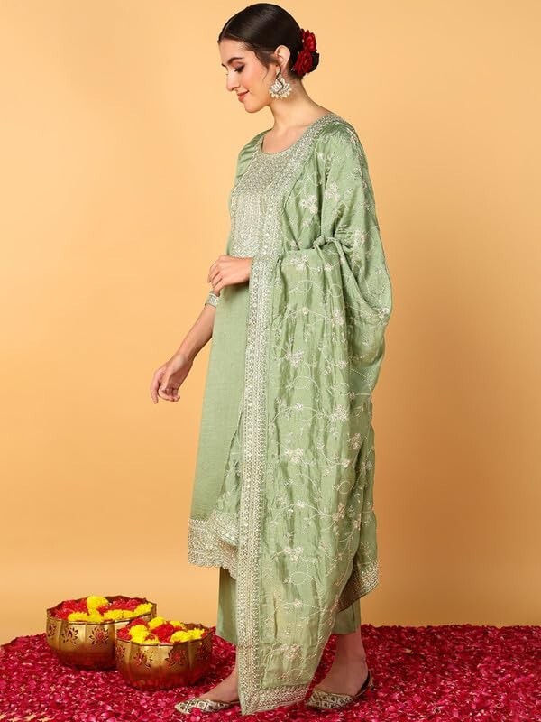 Women’s Silk Blend Yoke Design Embroidered Straight Kurta Pant With Dupatta