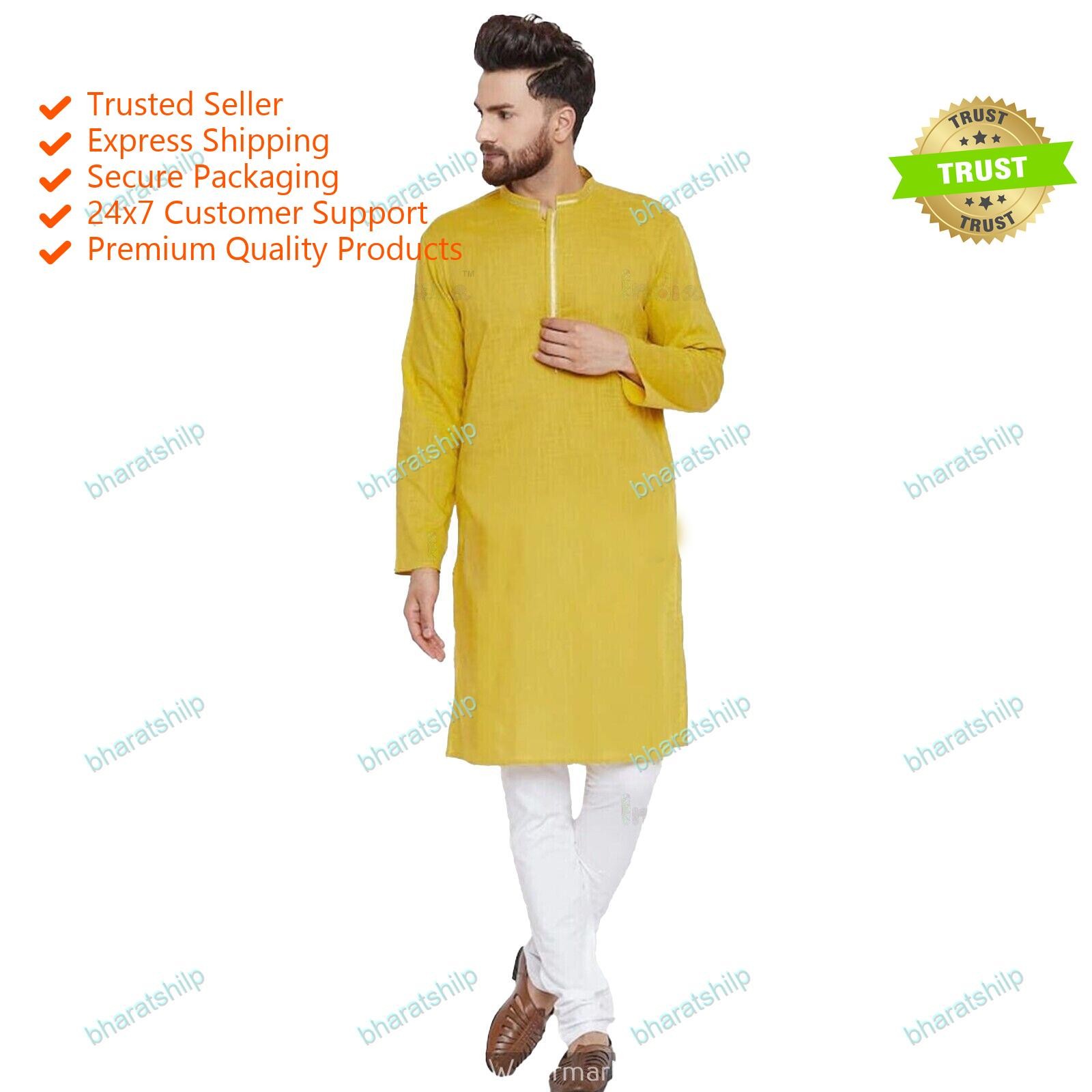 Mens Kurta Shirt Mens Wear Cotton Kurta Long Sleeve Kurta Color Yellow