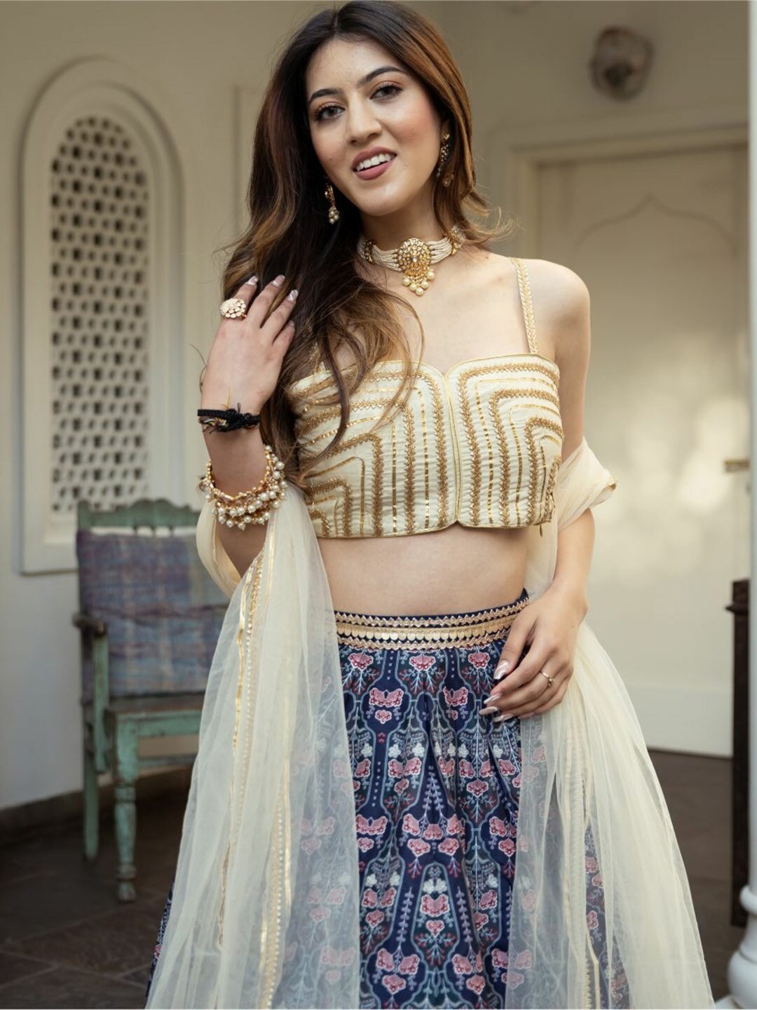 Festive Party Wear Organza Lehenga Choli With Digital Print & Mirror Work