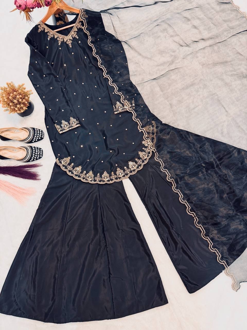 Fancy Designer Natural Crepe Silk Black Top Palazzo With Dupatta For Party Wear