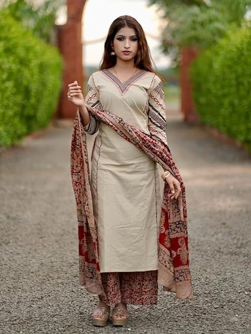 Women Rayon Beige Printed Indian Kurta With Pant & Dupatta ,Casual Salwar Kameez