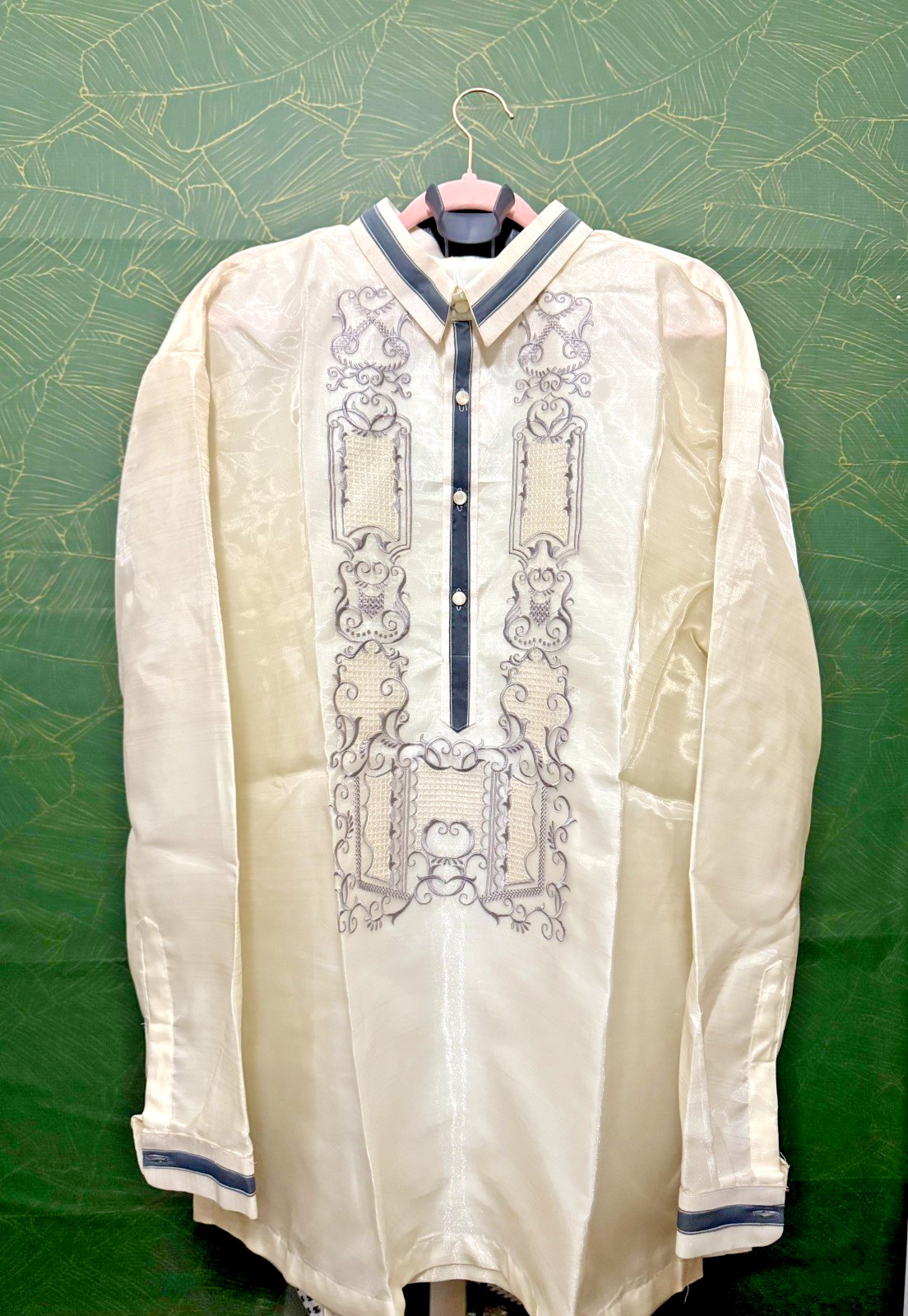 Barong tagalog Cream w/ Gray color piping and embroidery size 3XL fits US XL-2X