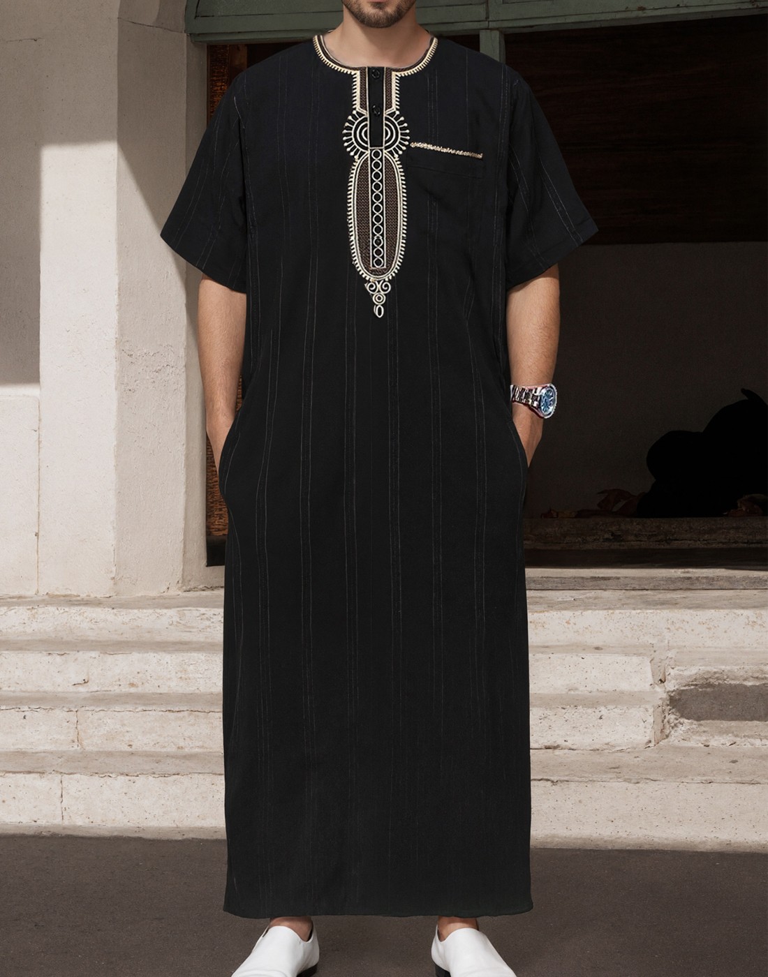 Men Long Sleeve Muslim Clothing Saudi Embroidery Arab Thobe Dress Robe Black