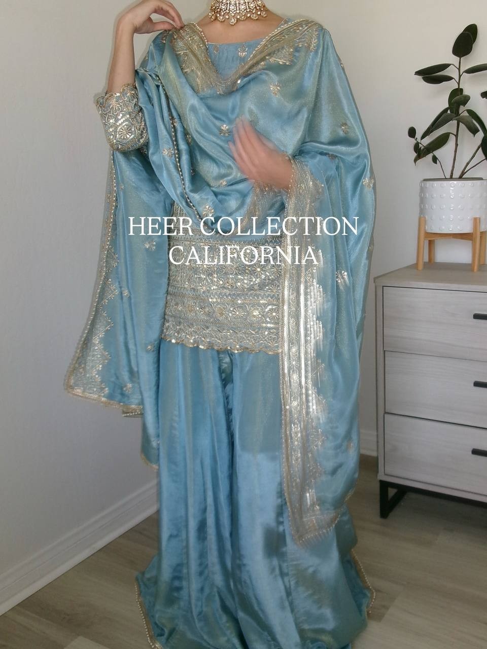 Designer Pure Vichitra Silk Sky Blue Top Palazzo And Dupatta For Women Wear