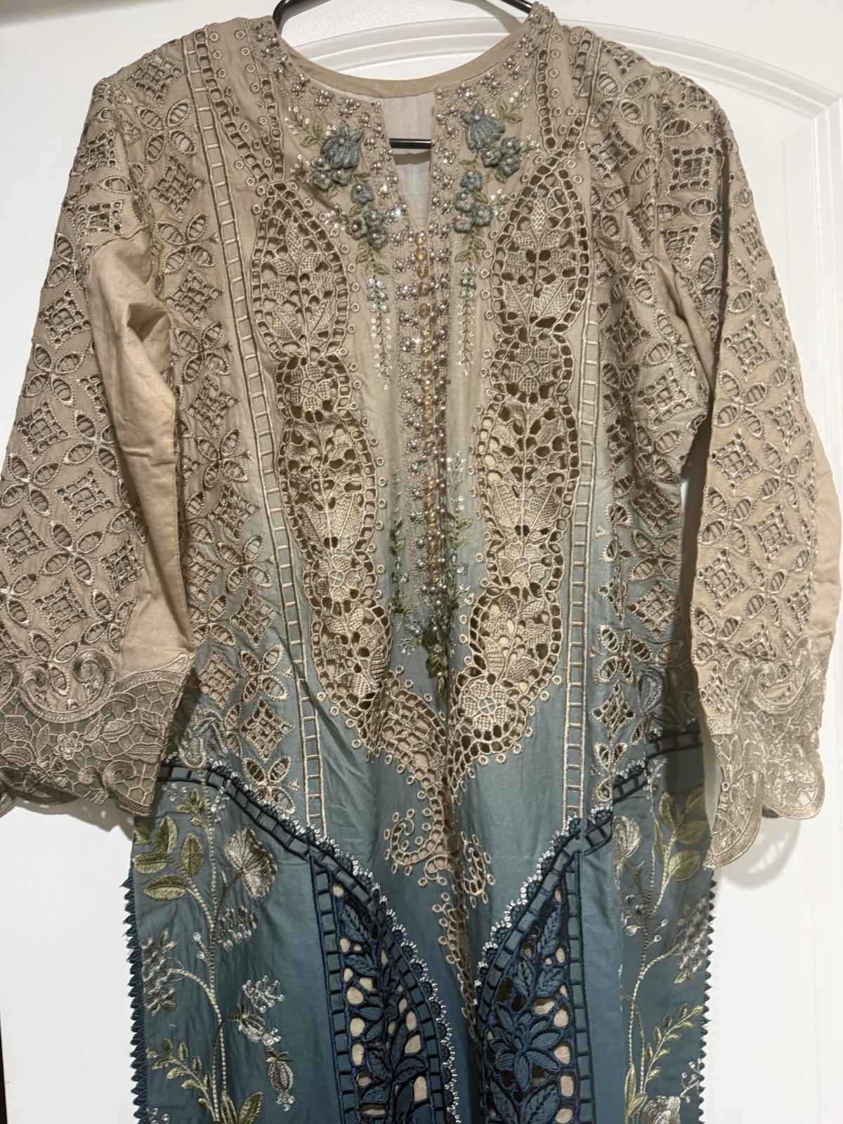 Maria.B Beige Blue Embroidered Net Cotton Pakistani Salwar Kameez for Women