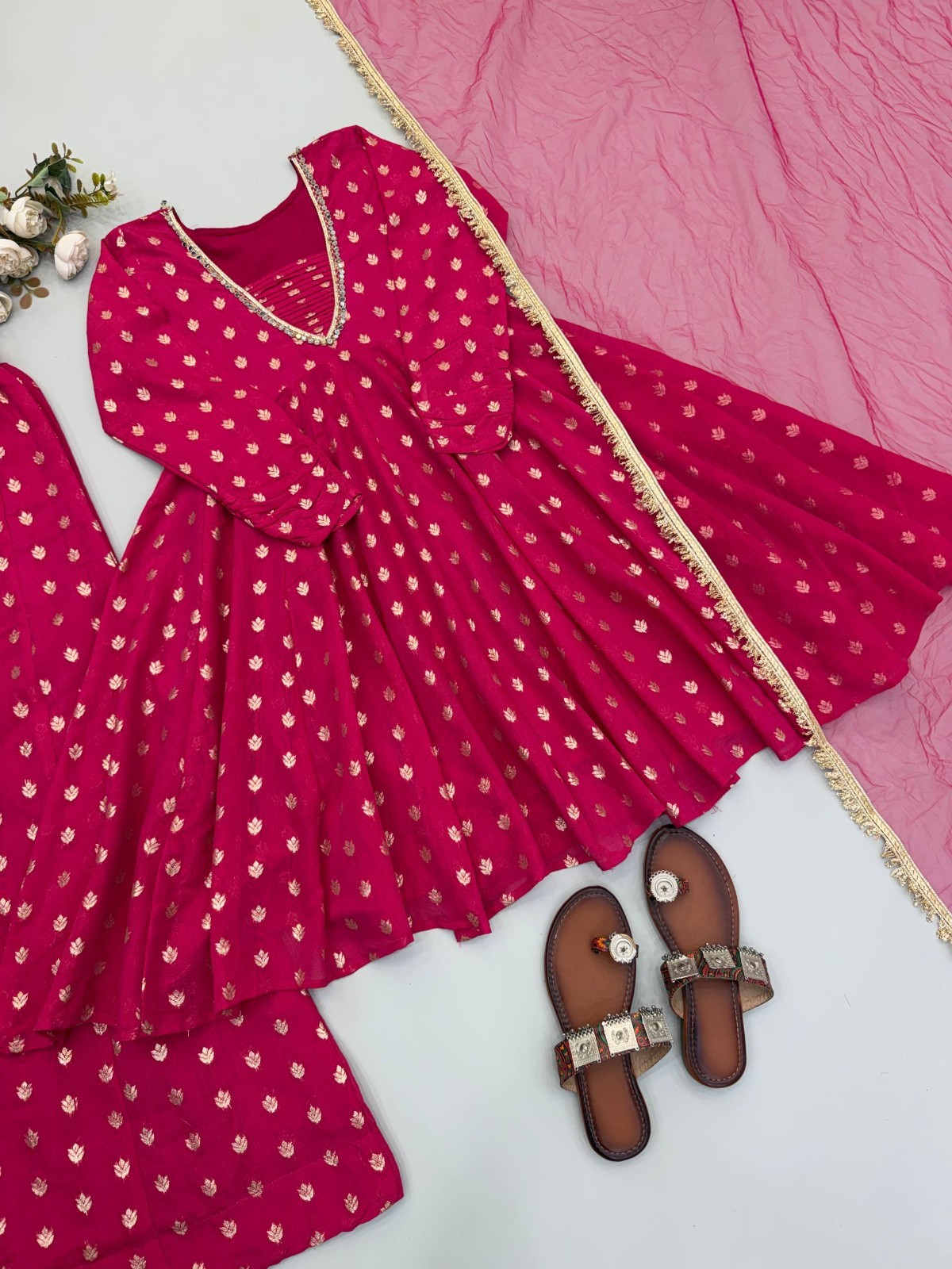 Stylish Jacquard Chanderi Pink Kurta Palazzo With Dupatta For Traditional Wear