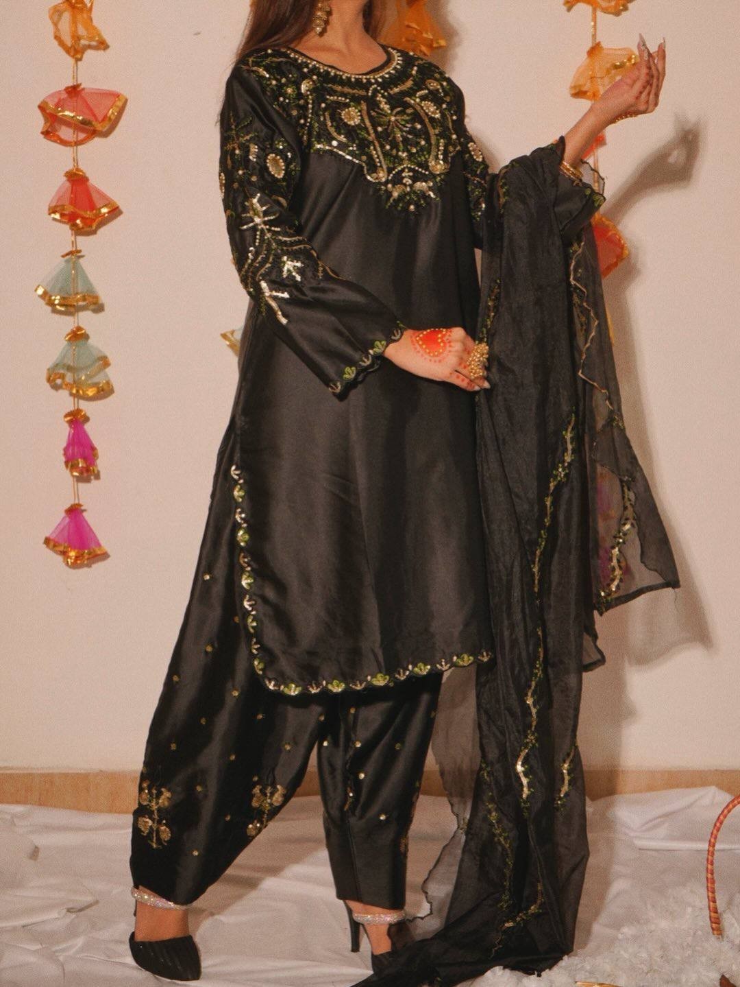 Latest New Japan Satin Black Salwar Kameez With Dupatta For Indian Party Wear