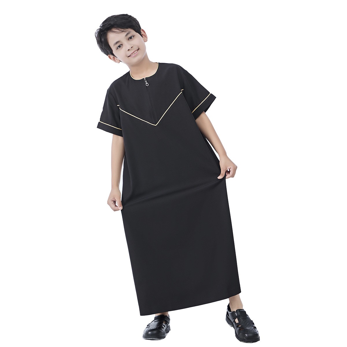 Eid Muslim Boy Robe Fashion Arab Jubba Thobe Short Sleeve Abaya Islamic Clothing