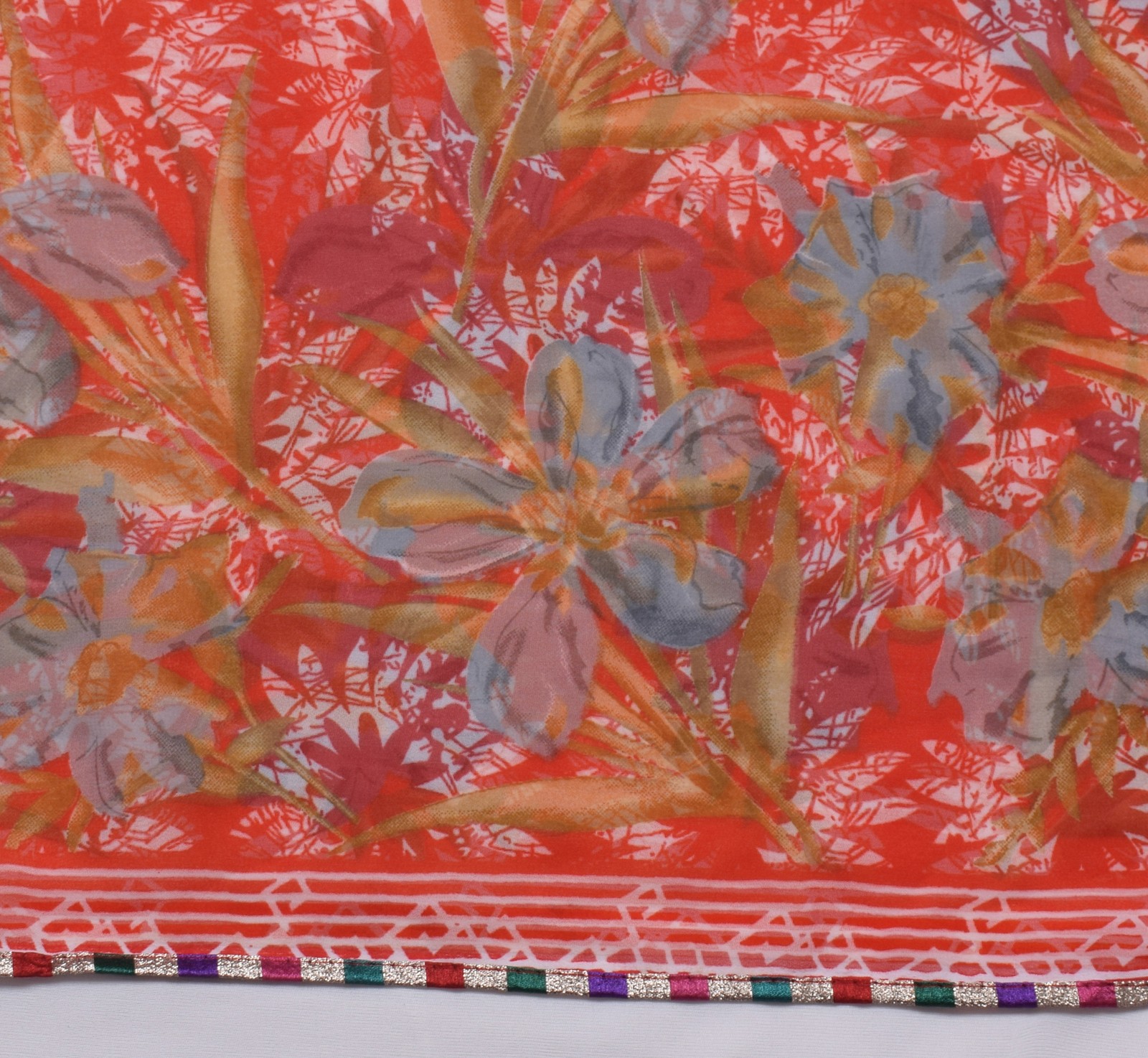 Sushila Vintage Red Saree Blend Georgette Silk Printed Floral 5 YD Craft Fabric