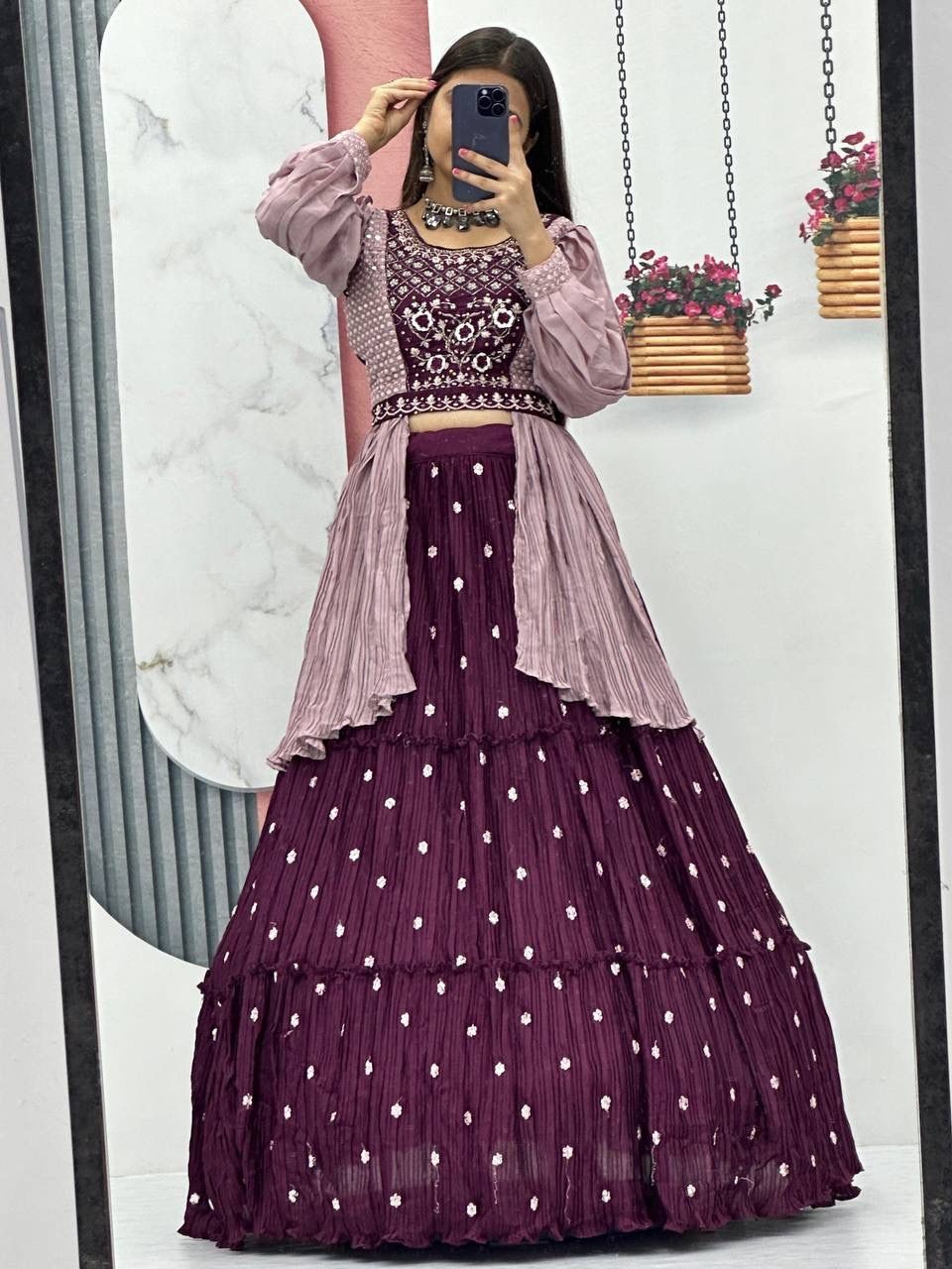 Designer Lehenga Crop Top Set Chinon Fabric Heavy Sequins Embroidery Outfit