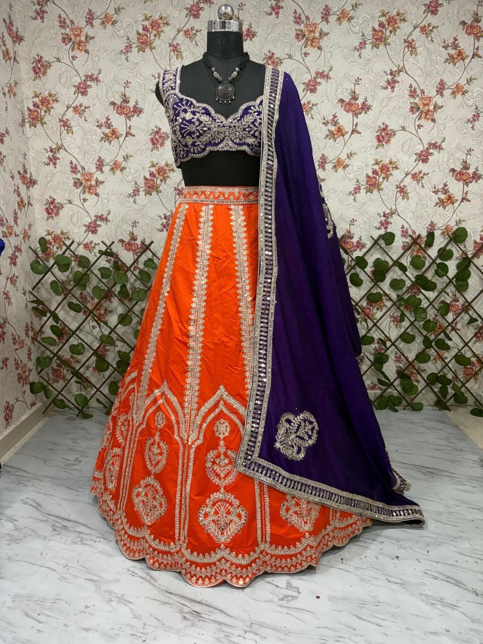 Stunning Look Silk Orange Lehenga Choli With Blue Dupatta For Reception Wear