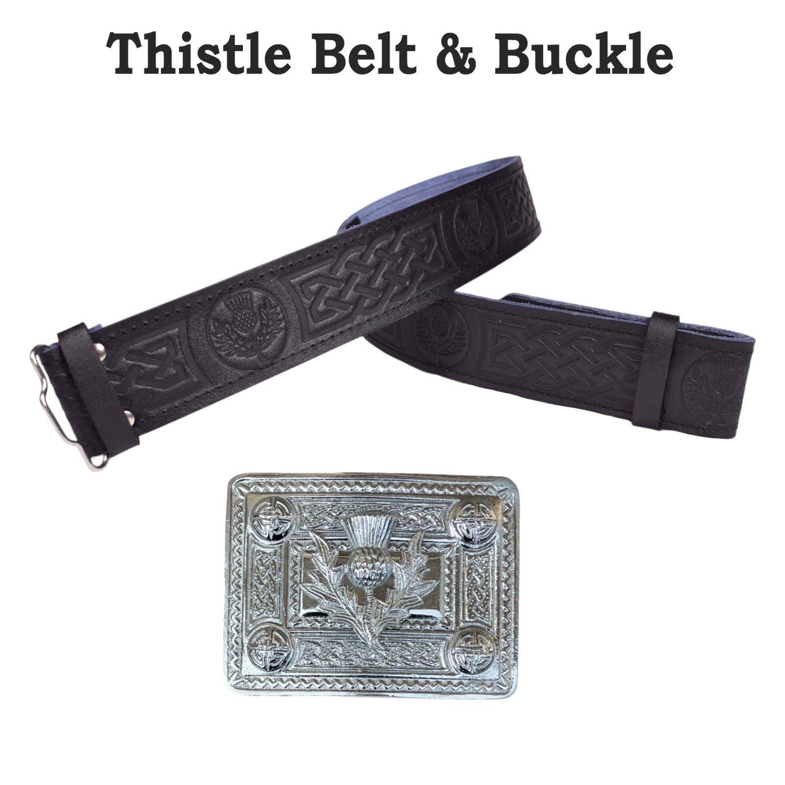 Men’s Black Thistle Embossed Kilt Belt and Buckle Adjustable Size belt