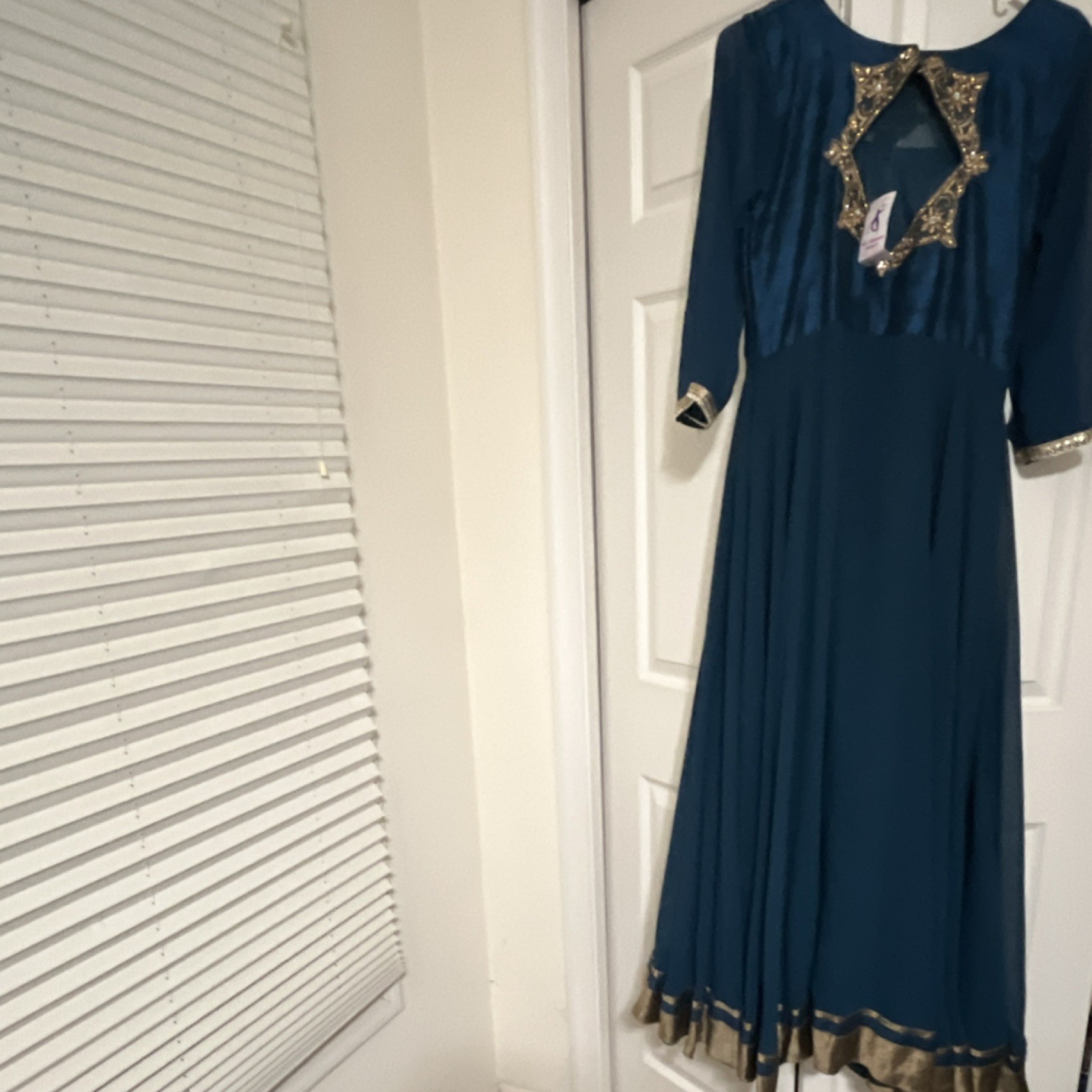 Peacock blue Anarkali Salwar Kameez for Women with Gold Embellishments & Dupatta