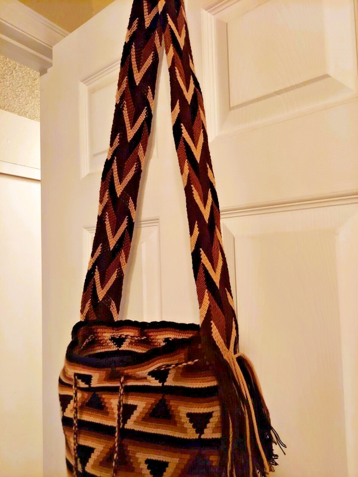 Handmade Crocheted Mexican Morral Crossbody Purse Black Brown Cream Tassels NEW