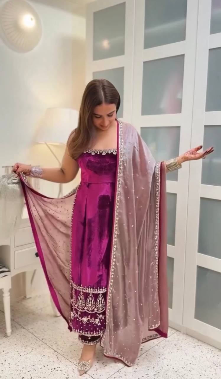 Party Wear Heavy Viscose Velvet Salwar Kameez With Organza Dupatta For Women