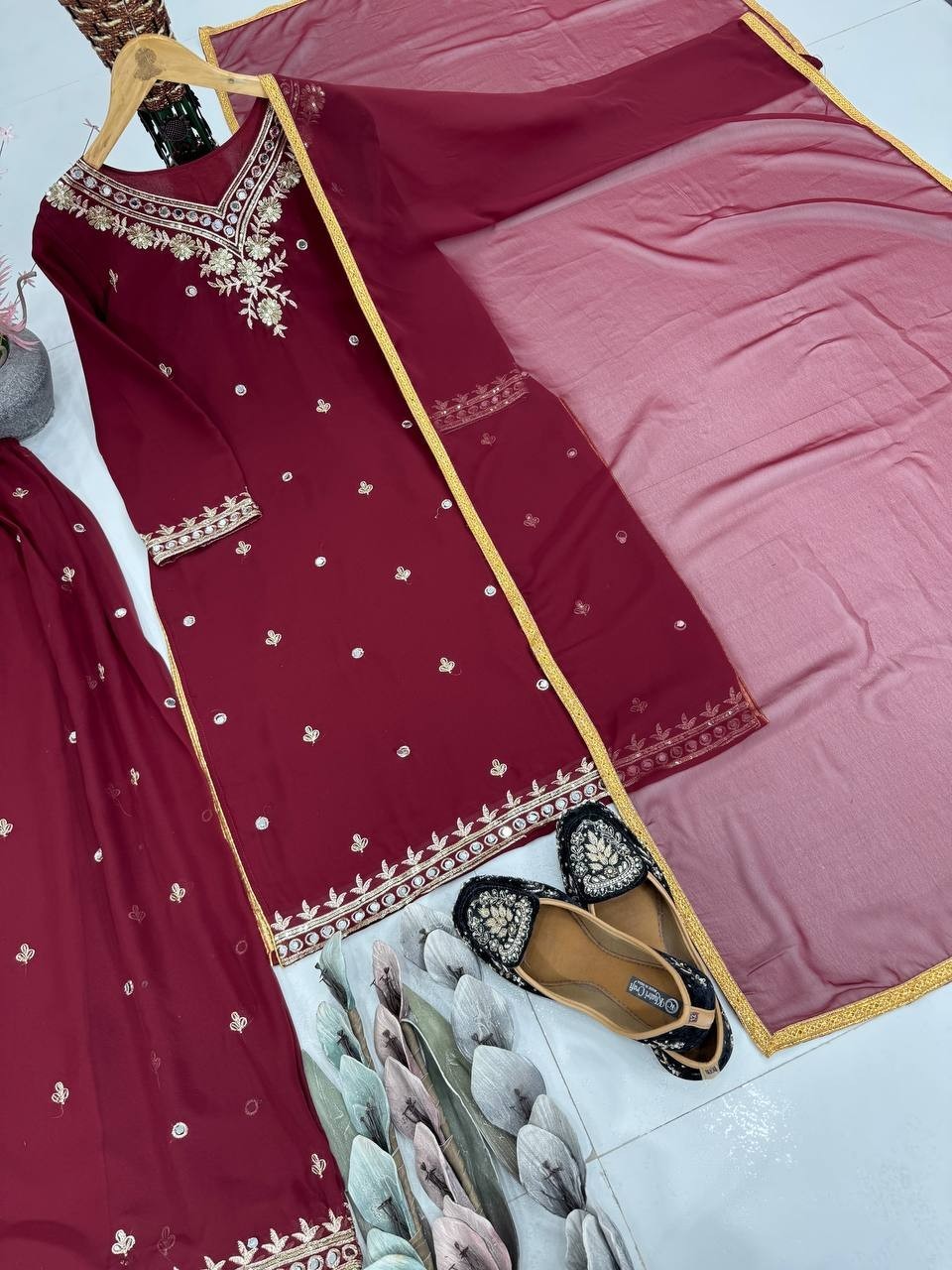 New Heavy Faux Georgette Maroon Top Palazzo With Dupatta For Ethnic Wear