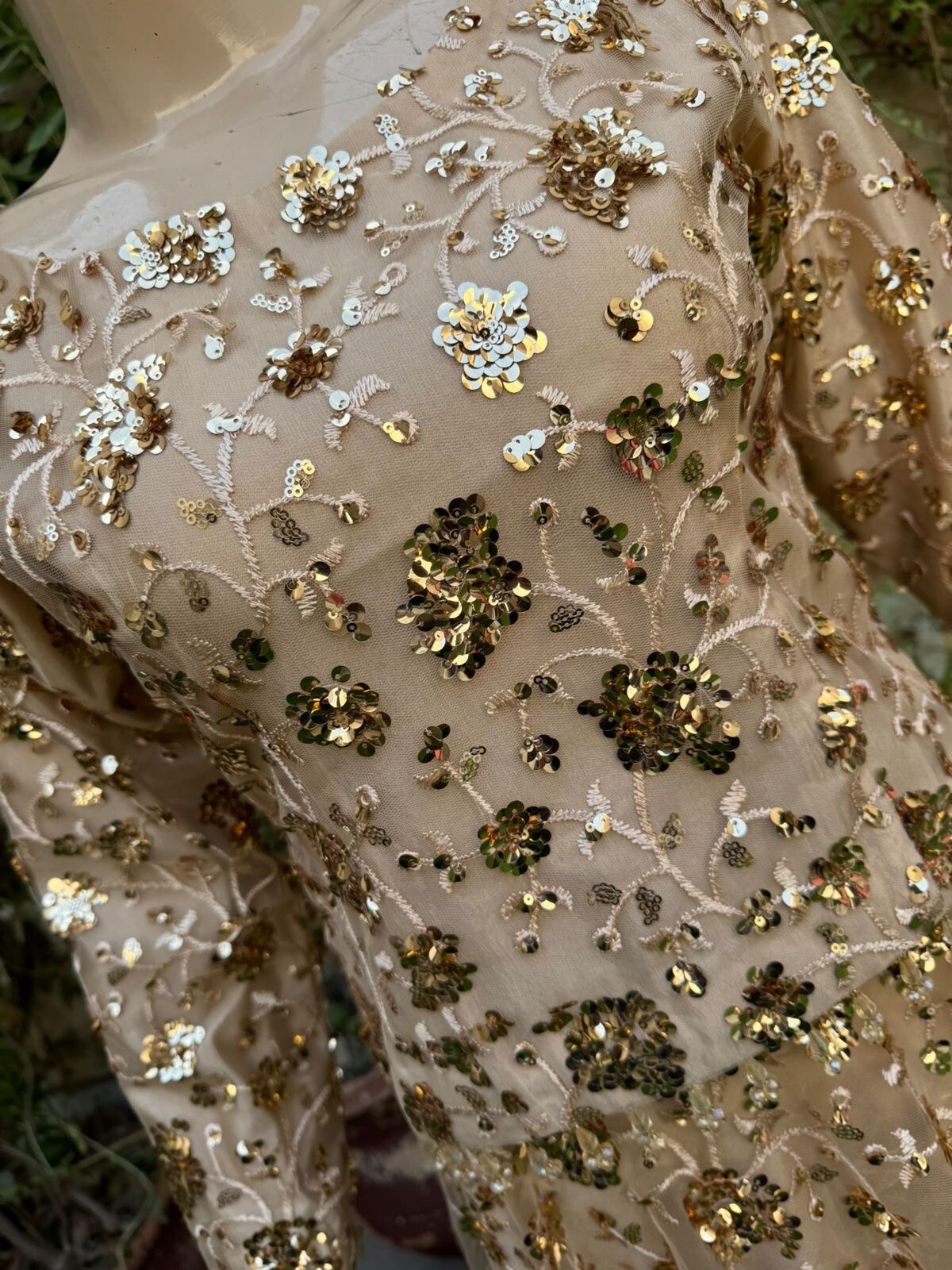 Pakistani Beige Straight Style Embroidered Sequins soft net Lehenga Dress,S