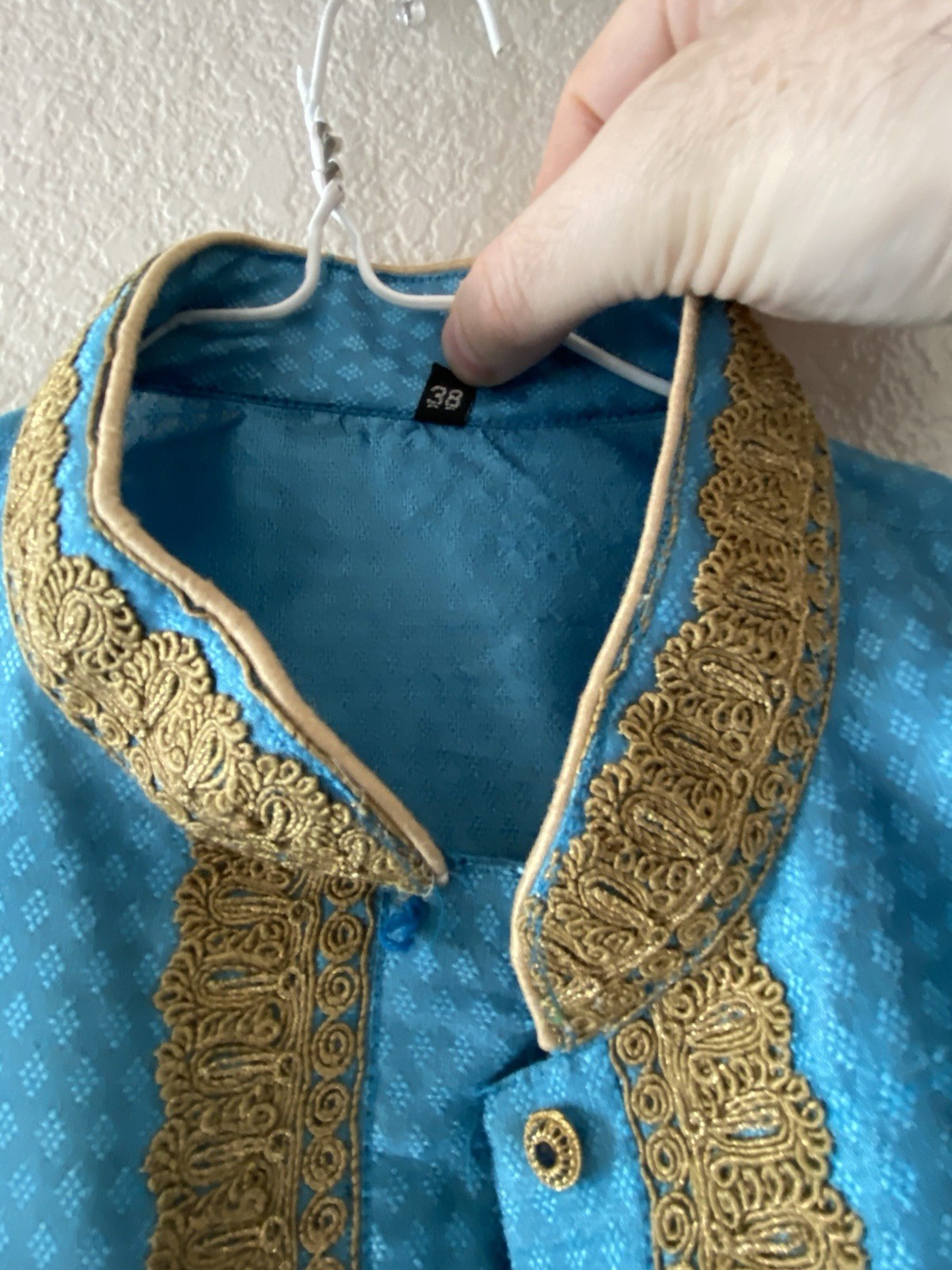 Men’s Turquoise Blue Silk Kurta Tunic Gold Embroidered Traditional Indian Shirt