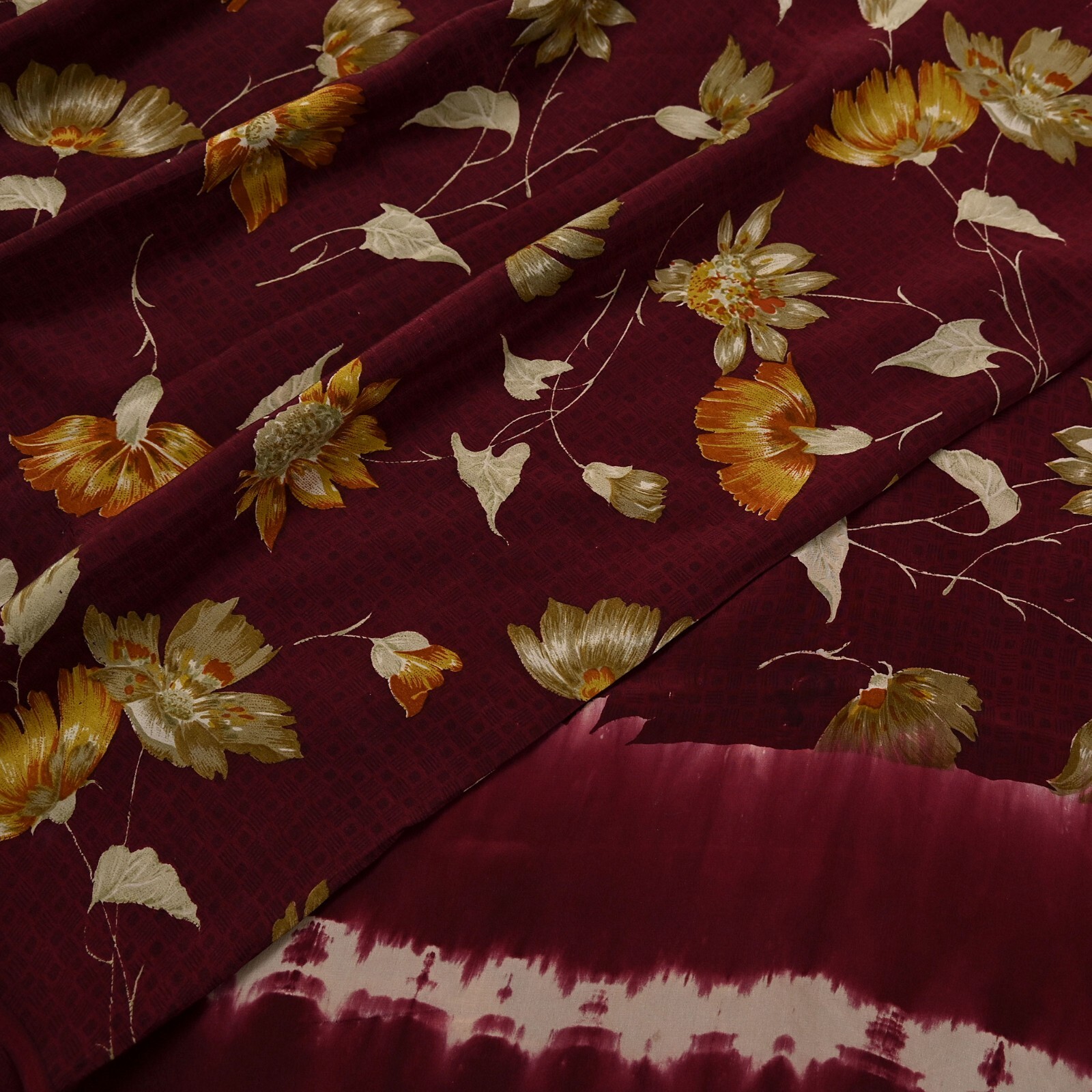 Vintage Maroon Saree Pure Crepe Silk Printed Sari 5yd Sewing Floral Soft Fabric