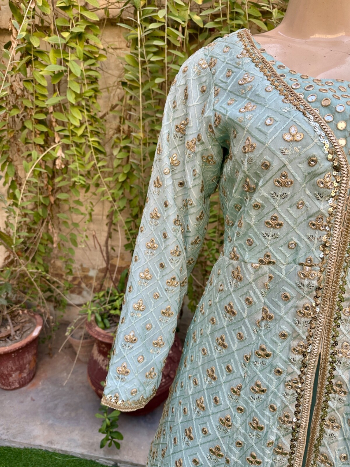 Pakistani Sky Blue double Long Maxi Style Embroidered Sequins Chiffon Dress,XL