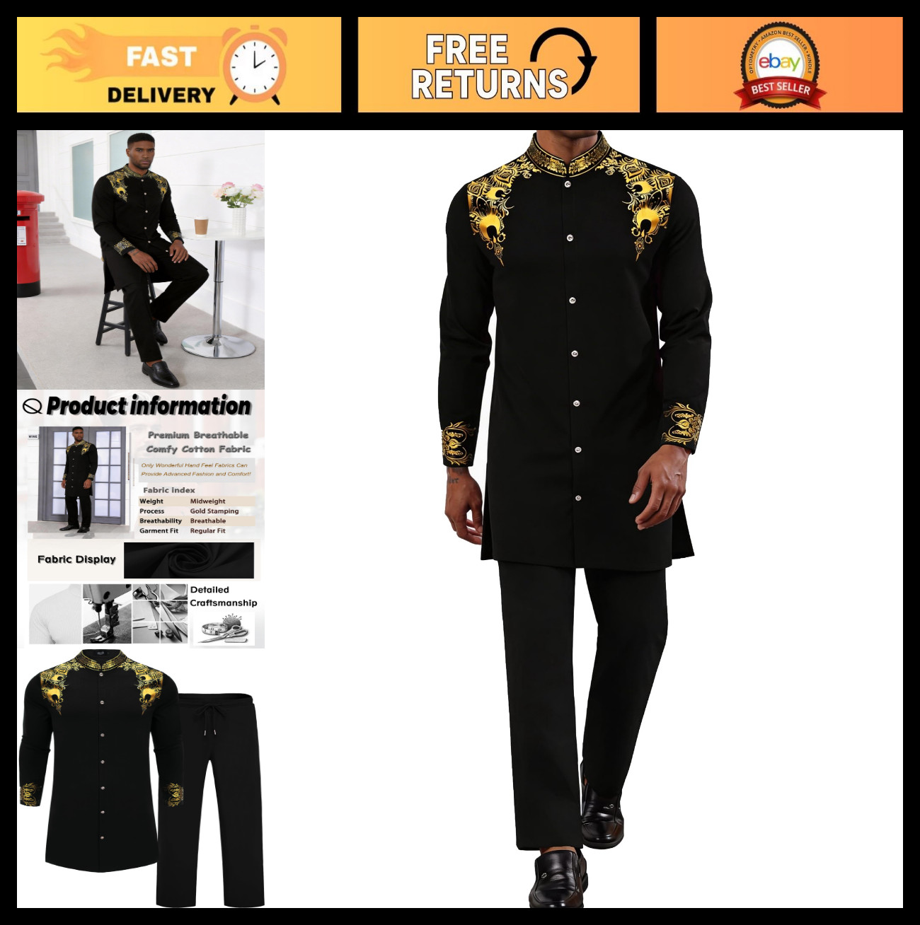 Men’s African 2-Piece Dashiki Suit Set – Metallic Gold Printed Shirt & Pants Out