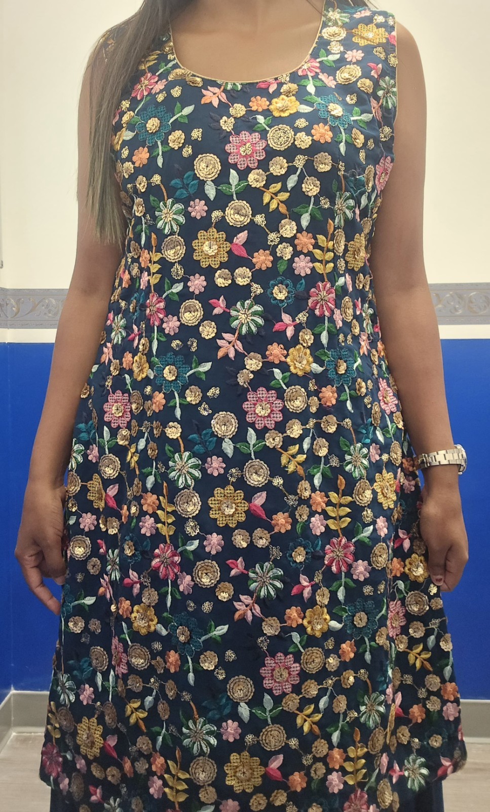 Sleeveless Floral Multi-Color Cotton Blend Kurti with Navy Blue Salwar for Women