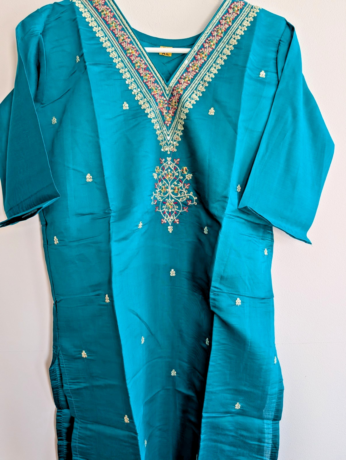 Kurta Kurti Top Tunic Teal Sequin Embroidery V-Neck Silk Party Festive Wear XL