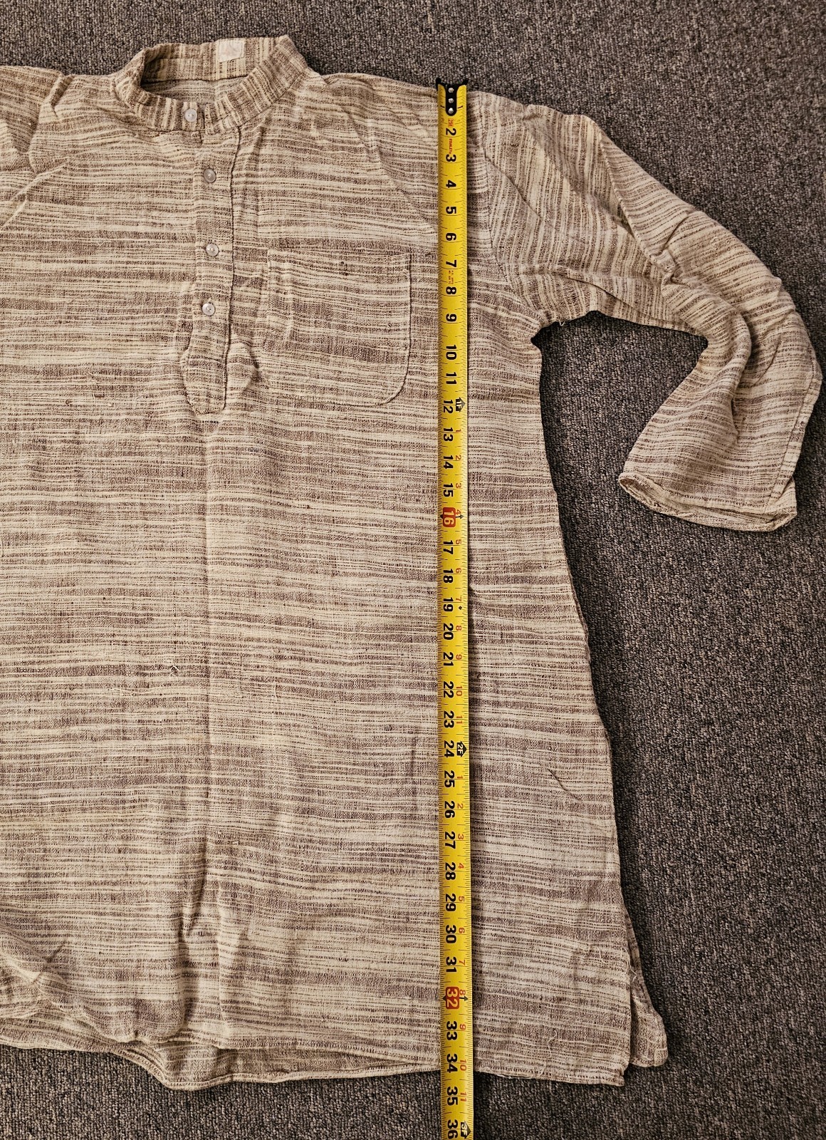 Mens Kurta Tunic Shirt Indian 3 Pockets Brown Beige Striped See Measurements