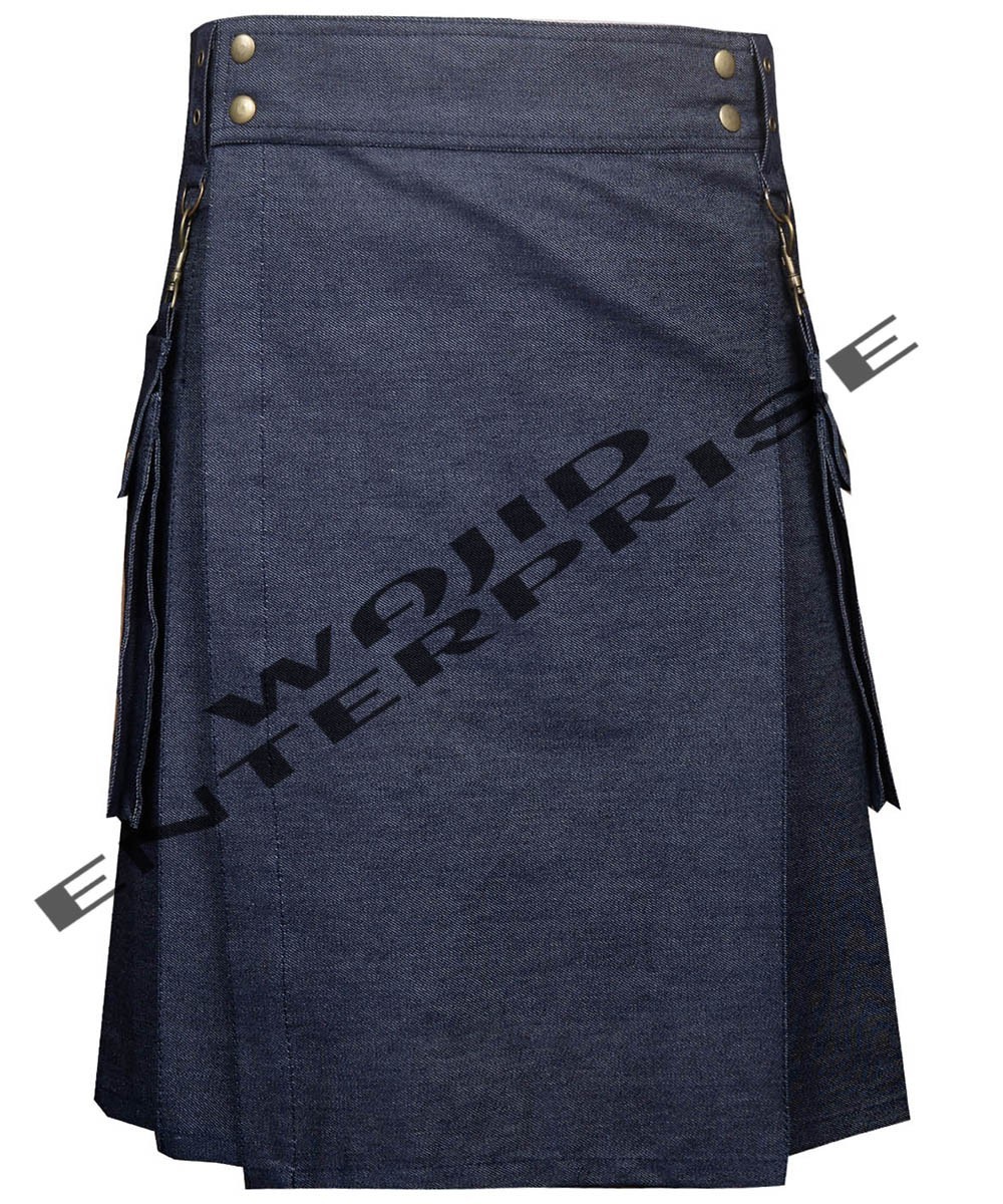 Blue Denim Utility Kilt – Men’s Modern kilt With Detachable Pockets Custom Size