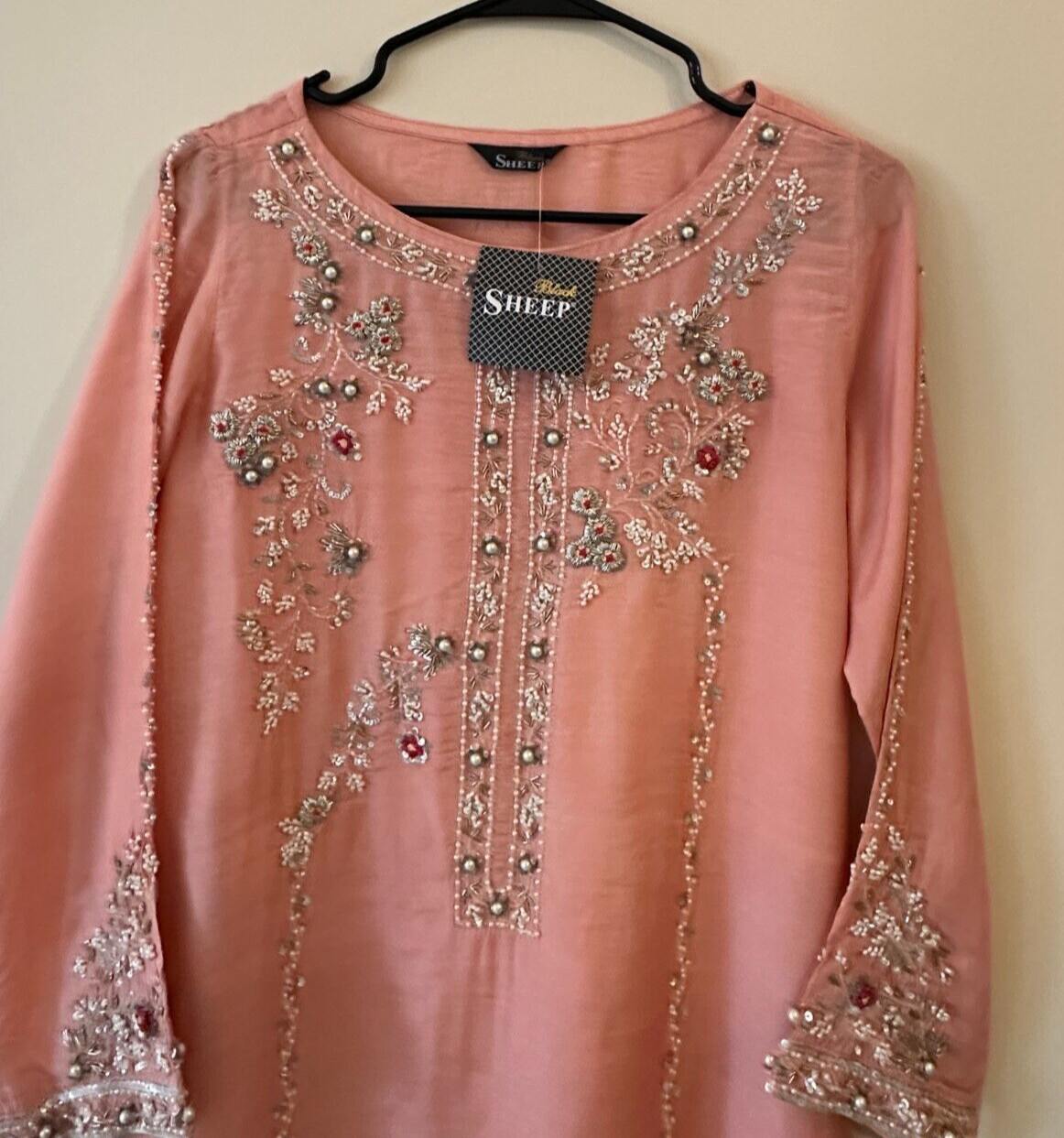 Sheep Peach Raw Silk Embroidered Shalwar Kameez – Size 14